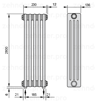 Схема (чертеж) Радиатор Zehnder Charleston 4280/5 №3570 Белый глянцевый RAL 9016